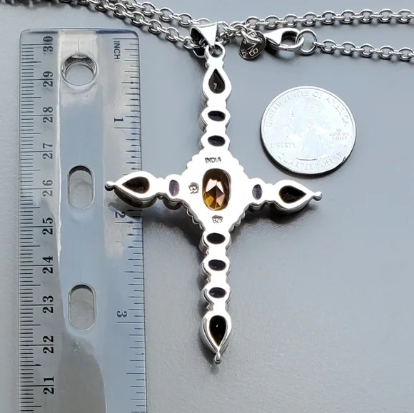 NICKY BUTLER NB 925 Sterling Silver Amethyst Smoky Quartz Cross Pendant Necklace - Picture 10 of 12